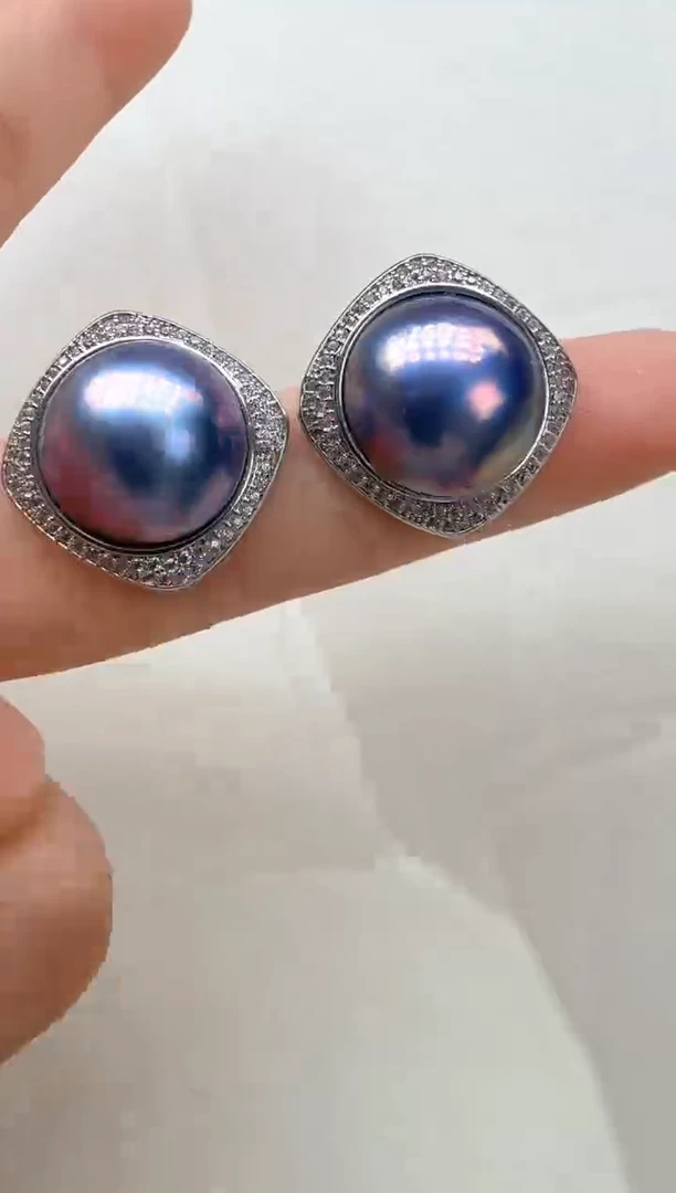 耳饰拼合珍珠（马贝珠）合金四方蓝色