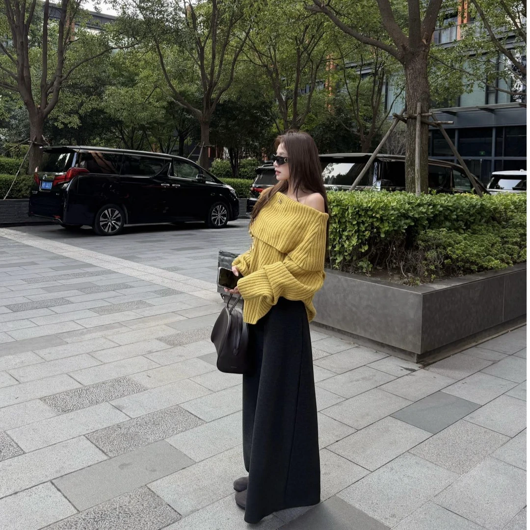 一字肩性感辣妹长袖针织上衣洋气休闲百搭气质显瘦宽松半身裙套装