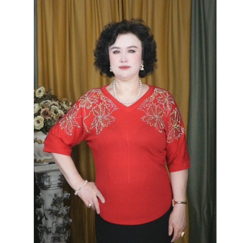新款烫钻上衣妈妈装气质大码显瘦高贵洋气时尚夏季打底中老年