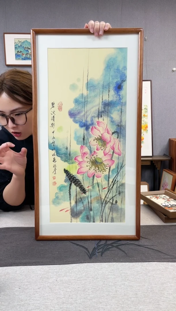 【闪购商品】国画王嘉诚-手绘带框作品-35*68-荷花