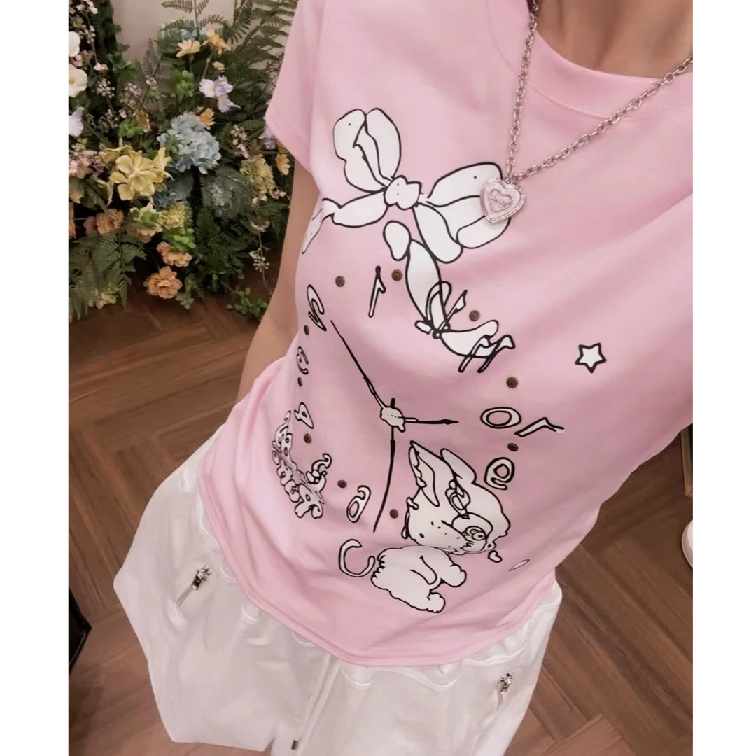 【吉吉自留款】蝴蝶结印花修身显瘦短袖T恤#E1D0798