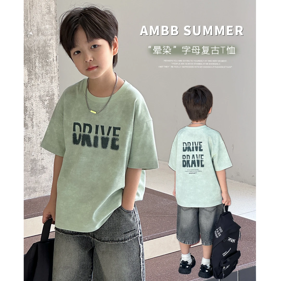 【依妈家】现货 儿童夏季晕染字母中大童宽松复古韩版短袖T恤25C130