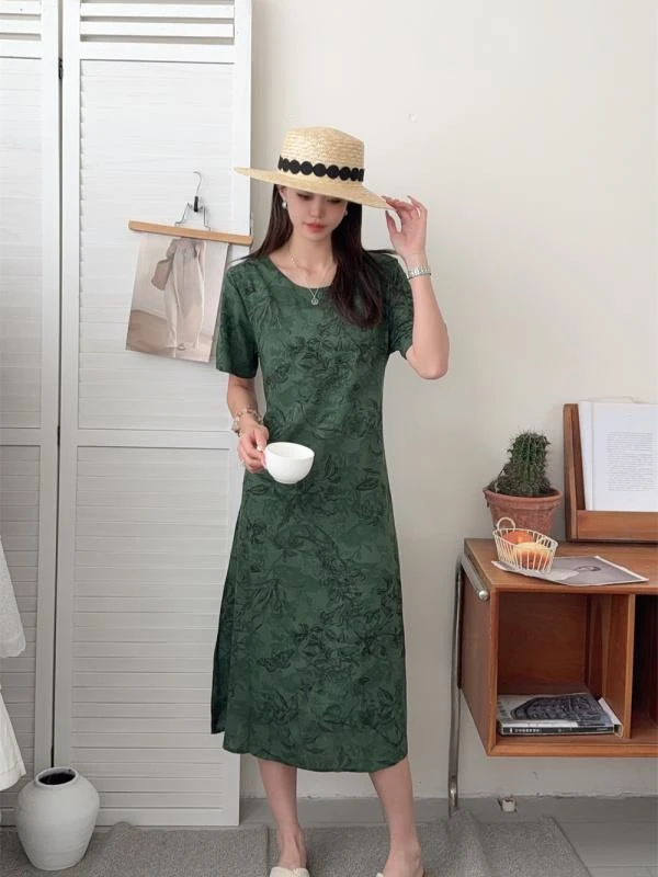 YH-[素雅丽人]25夏季新款女新式质感棉绸休闲连衣裙K-MF1068