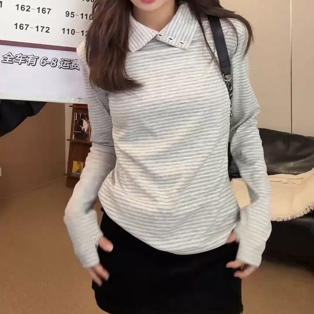 【条纹打底】秋冬新款复古显瘦长袖休闲时尚百搭T恤打底衫女W1049