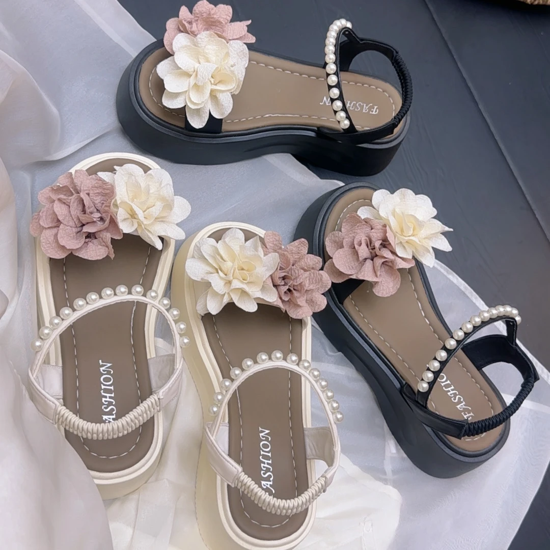 仙女风配裙子凉鞋女2025新款夏季松糕厚底花朵沙滩鞋踩屎感罗马鞋