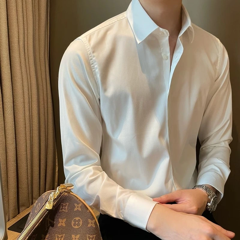 仓石一树英伦风免烫翻领白色衬衣男士时尚高级感商务高级感男装