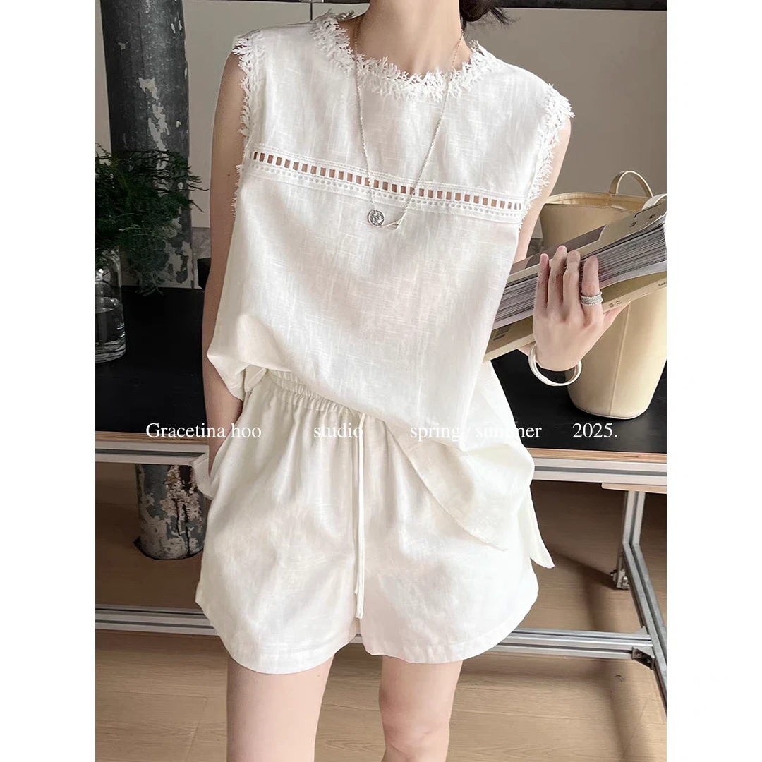 欧美大牌独特潮无袖镂空蕾丝拼接亚麻背心短裤骑行棉麻两件套装女