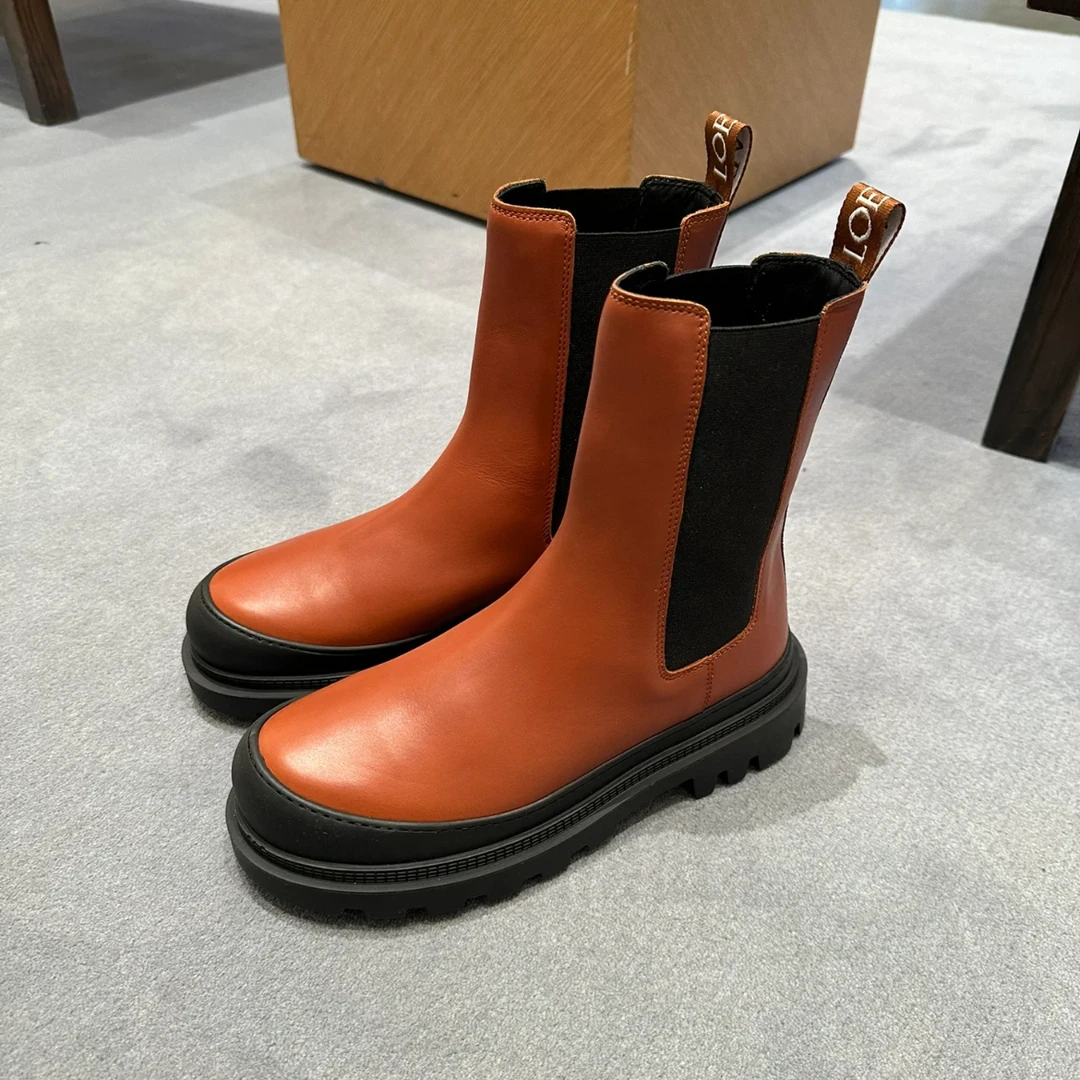 未使用 LOEWE/罗意威 焦糖色切尔西方头踝靴39码