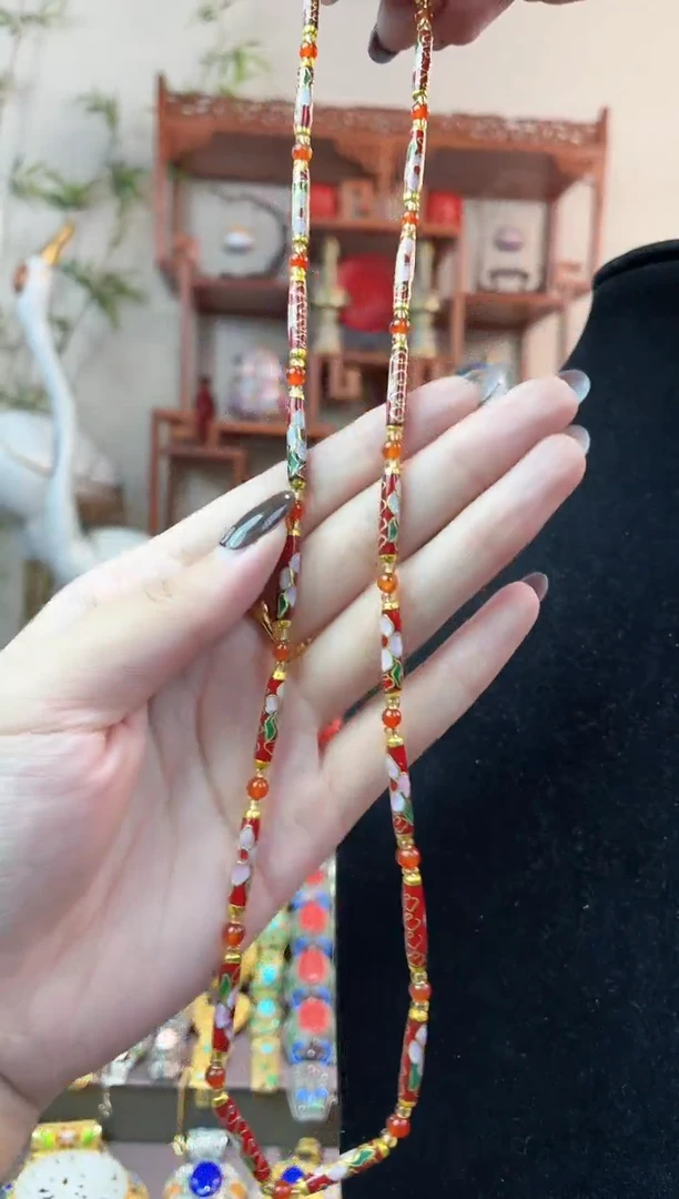 非遗手工景泰蓝竹节项链红色