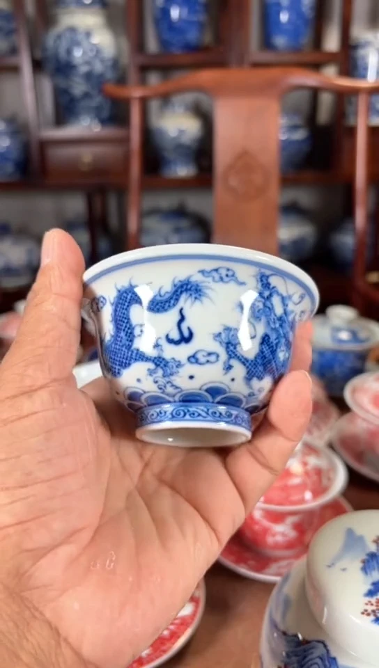 柴窑青花五龙杯杯
