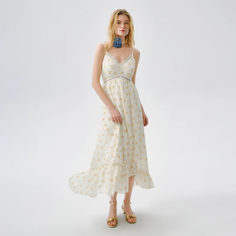 Ahhh法式碎花吊带裙女春夏新款复古度假风蕾丝拼接长裙气质连衣裙