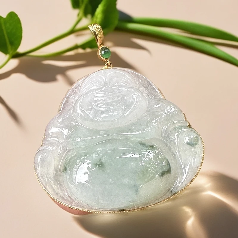 A货翡翠冰飘绿花佛公18k金镶嵌