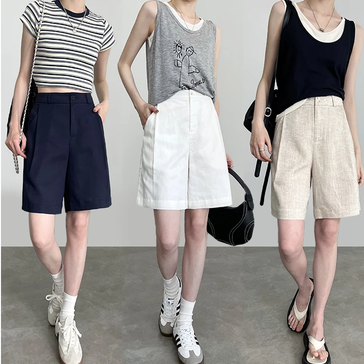 天丝亚麻短裤女夏2025新款老钱风宽松休闲高腰a字百搭阔腿五分裤