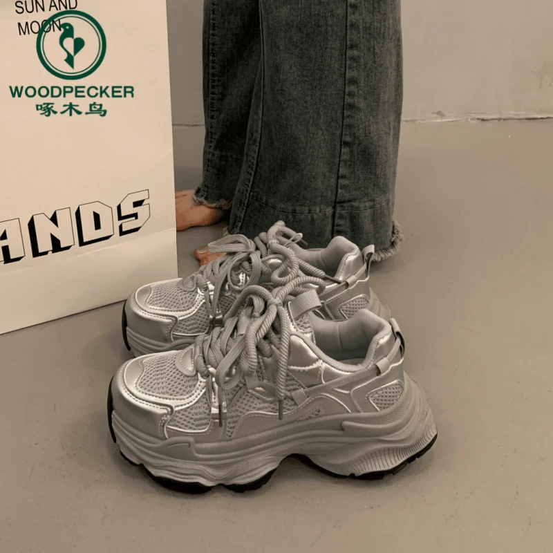 啄木鸟赵露思同款松糕老爹鞋女2024年秋季增高网面透气休闲运动鞋
