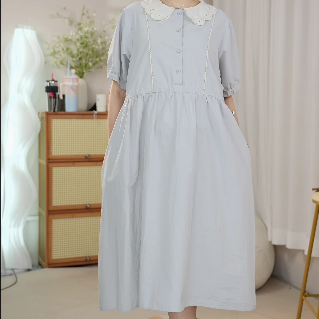 孕妇夏季裙子套头森系韩版甜美连衣裙气质极简风娃娃领长裙法式