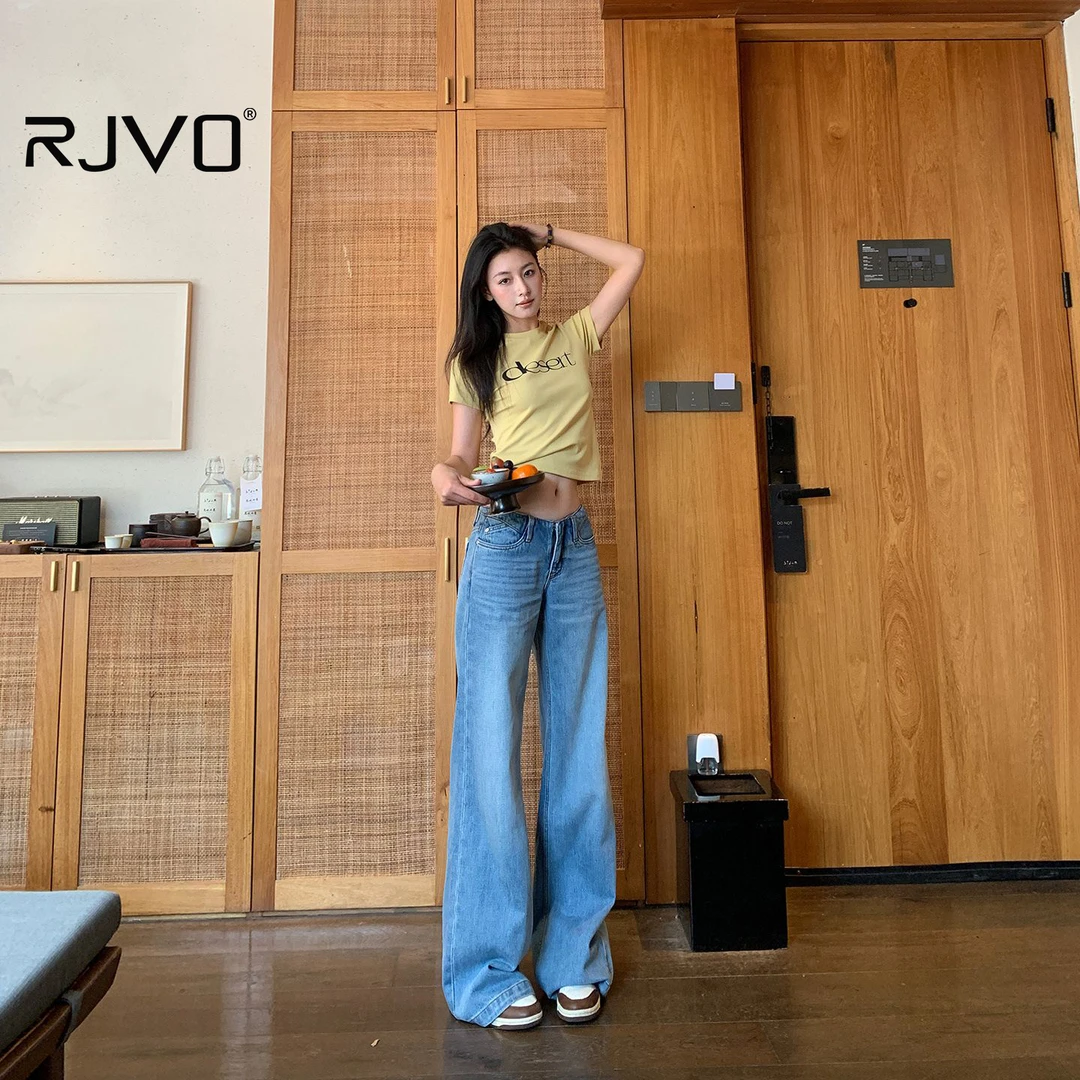 RJVO新款无腰头莱赛尔复古水洗低腰垂感直筒牛仔裤女