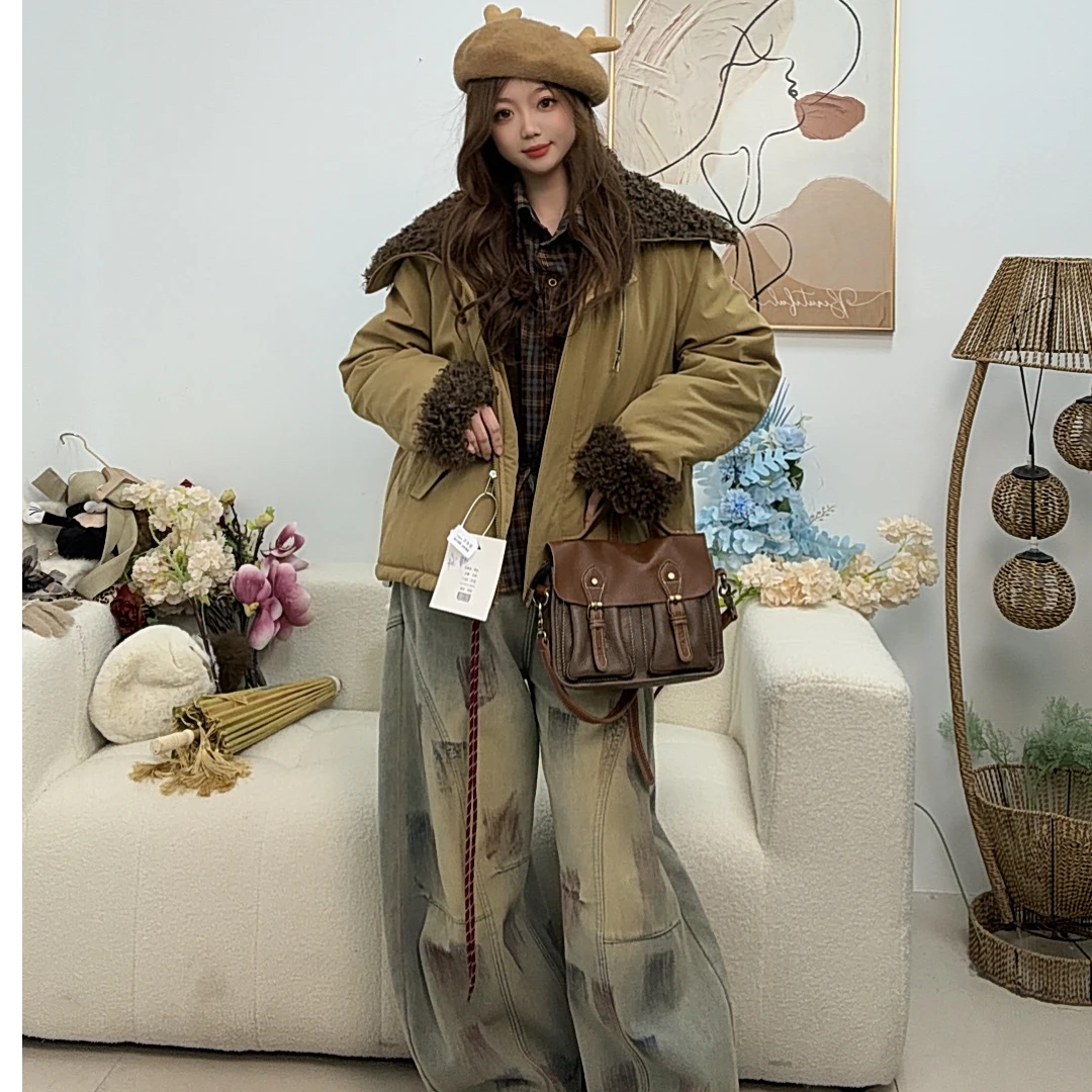 399区6877卡其色加厚翻领时尚加绒冬季保暖上衣宽松型棉服