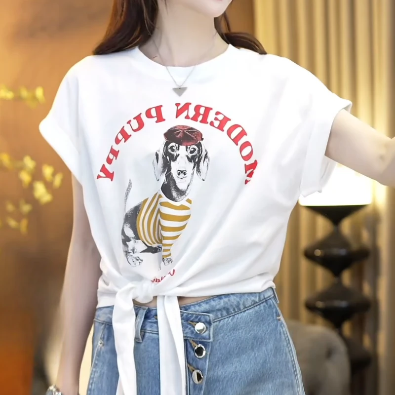 【摩登小狗】25夏季时尚圆领美式复古狗狗绑带短袖上衣LK2503012