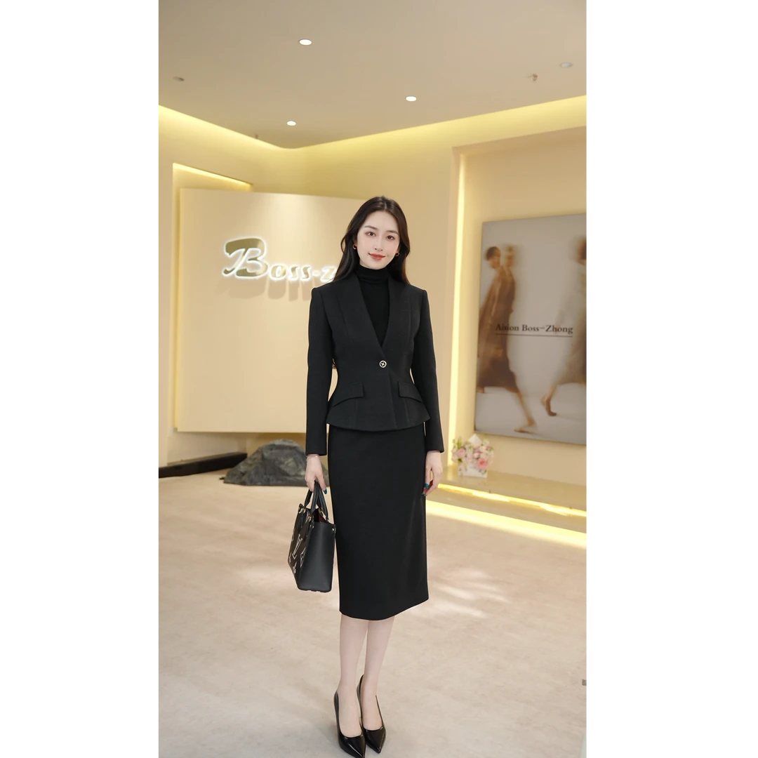钟老板黑色西装套裙女秋冬新款高级感气质一粒扣外套半身裙两件套