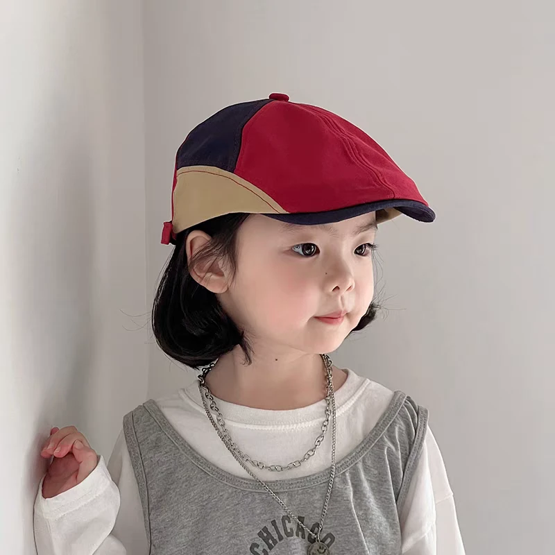 儿童贝雷帽春秋季洋气拼接前进帽春天潮童宝宝户外穿搭时尚帽子潮