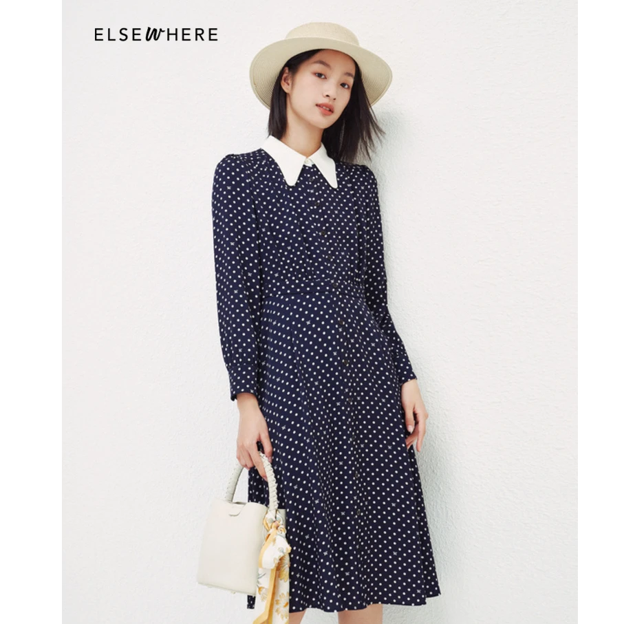 【晨粉专享价】珂思商场同款春新款波点连衣裙长袖收腰淑女茶歇裙子