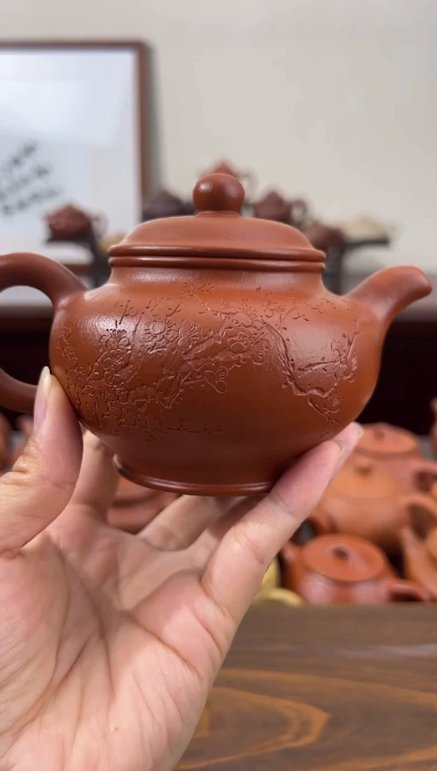 茶壶紫砂朱泥刻绘掇只壶280CC