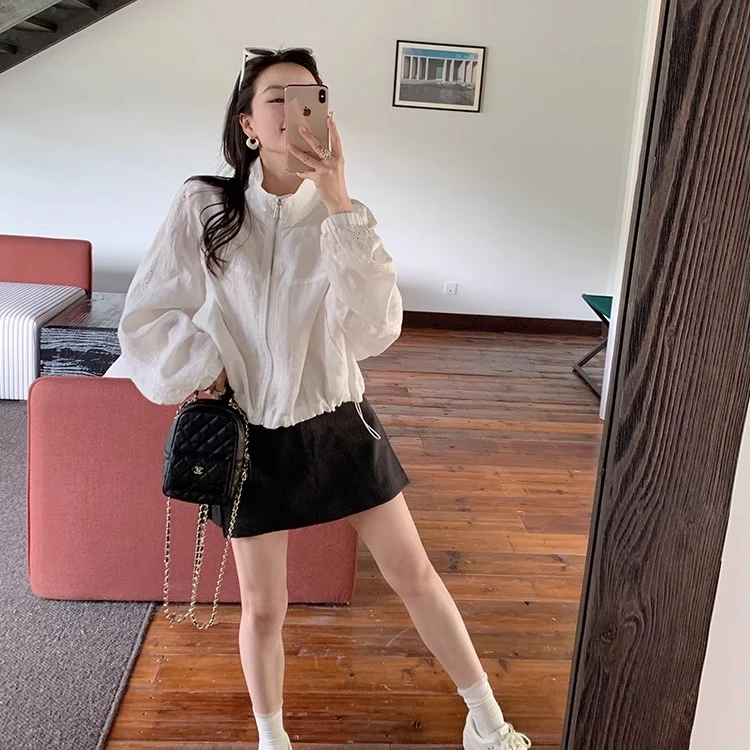 高端货~白色100亚麻防晒衣夏季韩版宽松蕾丝拼接薄款外套上衣