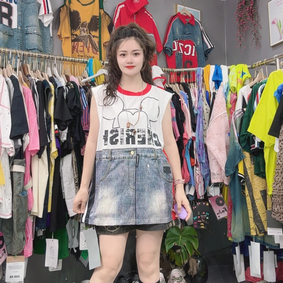 LY家26678#7+ 卡通字母印花牛仔拼接圆领无袖宽松韩版T恤夏季