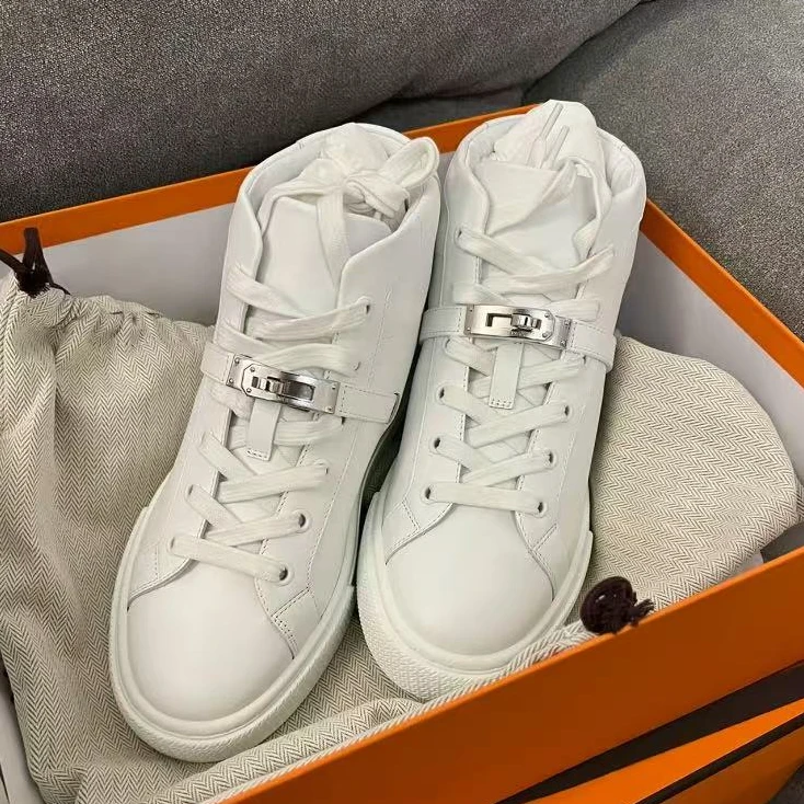 全新未使用 Hermes/爱马仕 白色kelly扣高帮鞋37.5