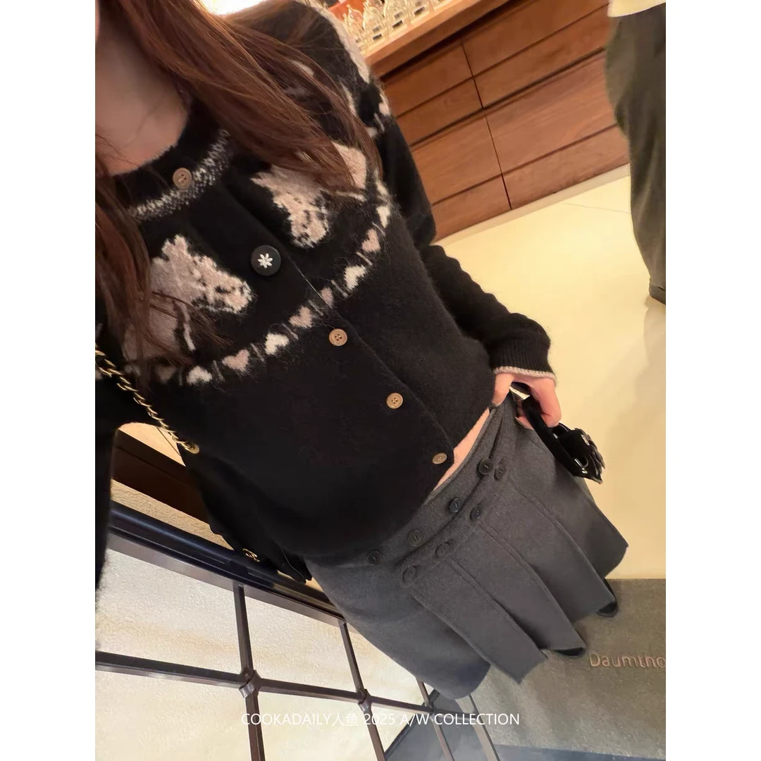 小马爱心甜酷修身针织衫毛衣百褶两穿设计感中长裙裤时尚套装