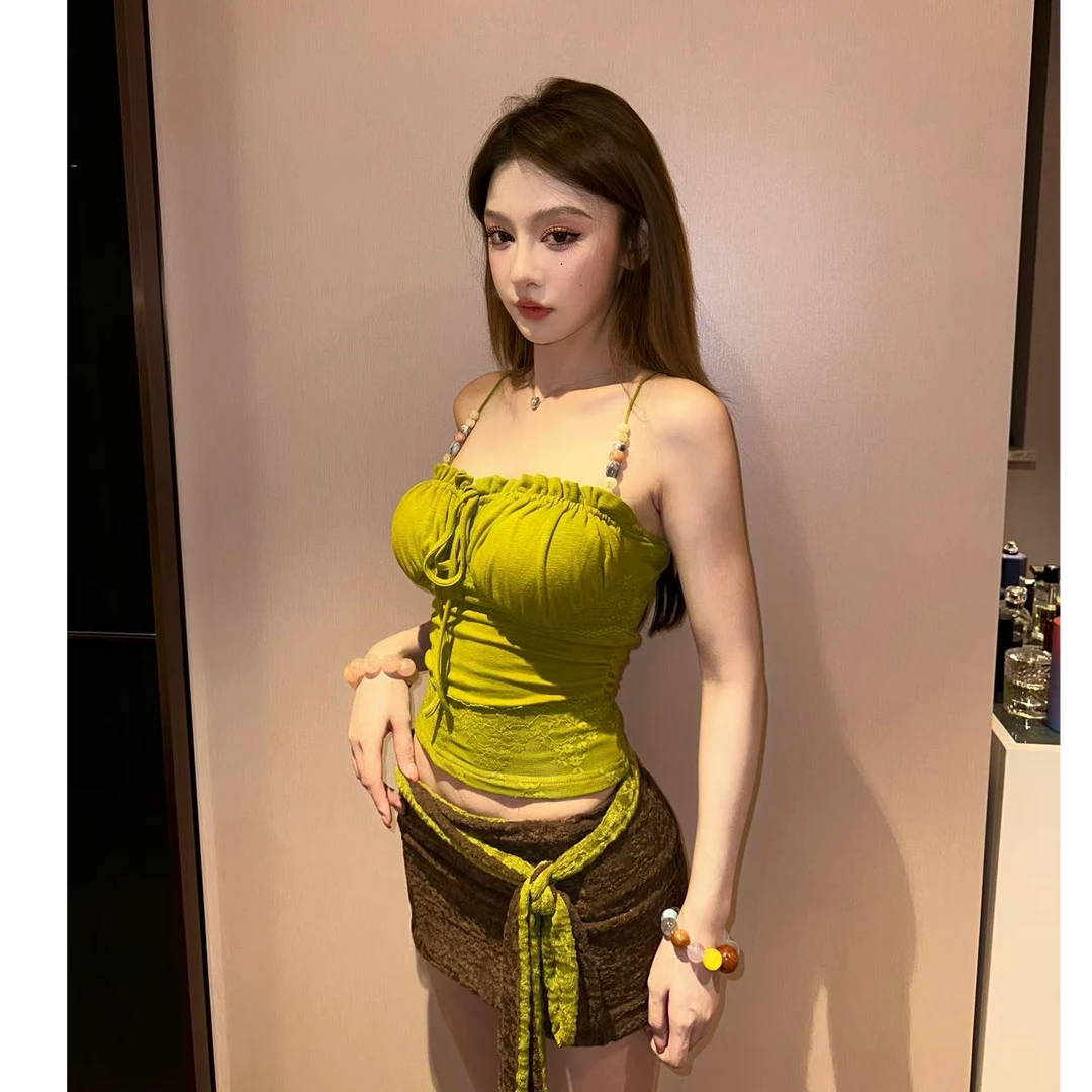 2025法式镂空一字肩针织吊带女夏季夏季串珠设计感辣妹挂脖吊带女