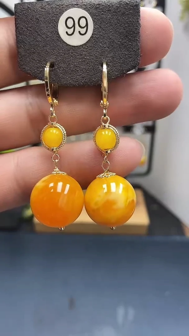 银S925镀金镶嵌蜜蜡耳饰尺寸16mm耳扣D1