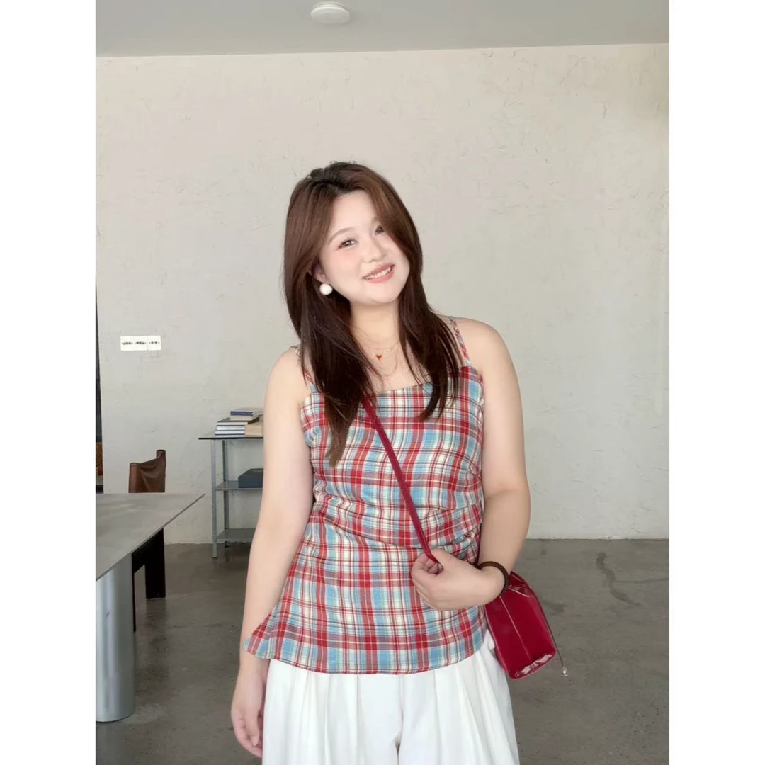 晶咕佳佳【落日玫瑰海】亮色格纹吊带上衣显瘦辣妹时尚少女夏季