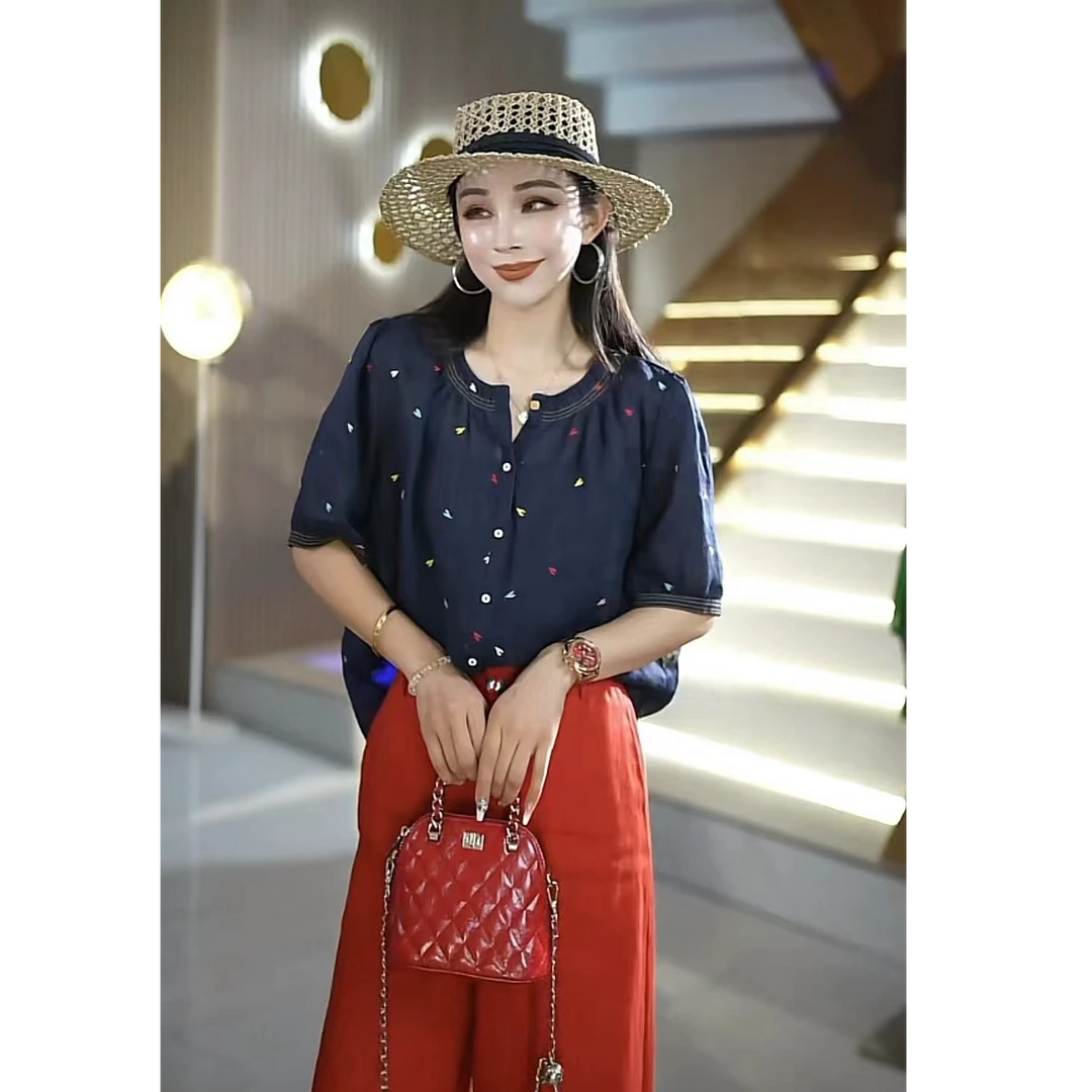 夏季时尚休闲百搭洋气显瘦圆领刺绣100苎麻超透气上衣衬衫HB9810C