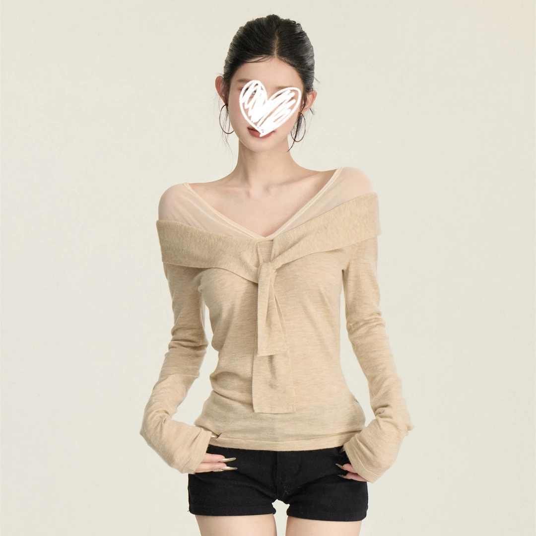 2025年卡其色飘带领长袖女春季修身显瘦打底衫纯色百搭上