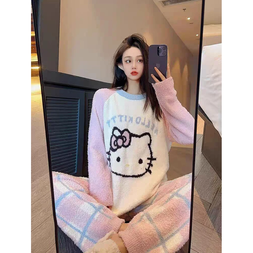 可爱猫猫格子睡衣女款秋冬珊瑚绒加厚半边绒卡通家居服套装可外穿