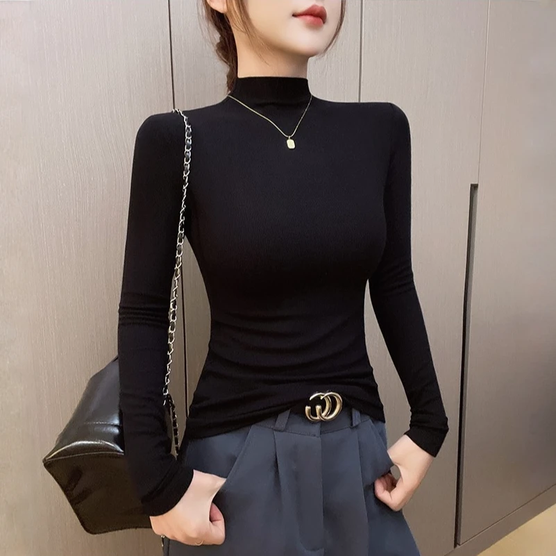 秋冬新款黑色半高领长袖t恤女内搭螺纹修身洋气打底衫保暖上衣潮