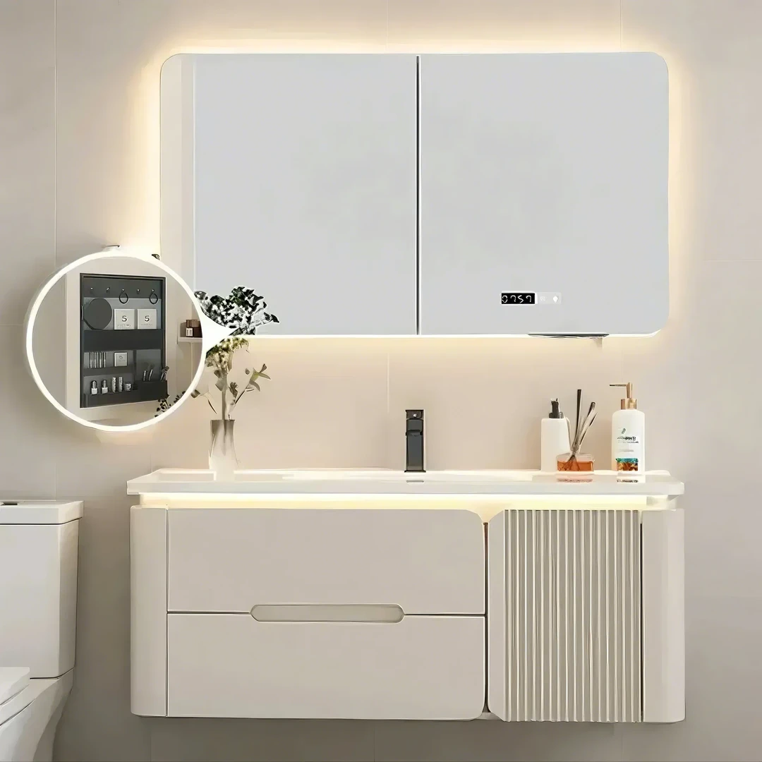 【美妆全镜】橡胶木浴室柜组合奶油风圆角卫生间洗漱台面陶瓷一体盆