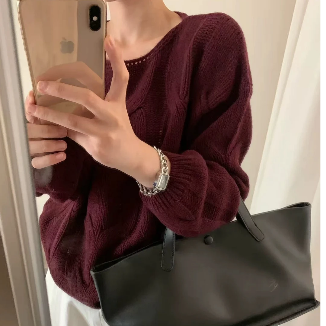 小辰家】全羊毛圆领套头大麻花羊毛衫纯色慵懒风宽松上衣毛衣女