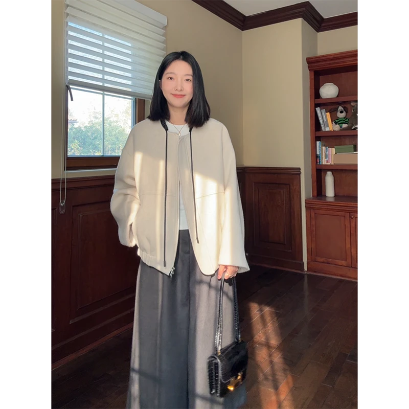 郭九九呢 羊毛气质简约撞色宽松显瘦圆领抽绳毛呢外套 G925M18719