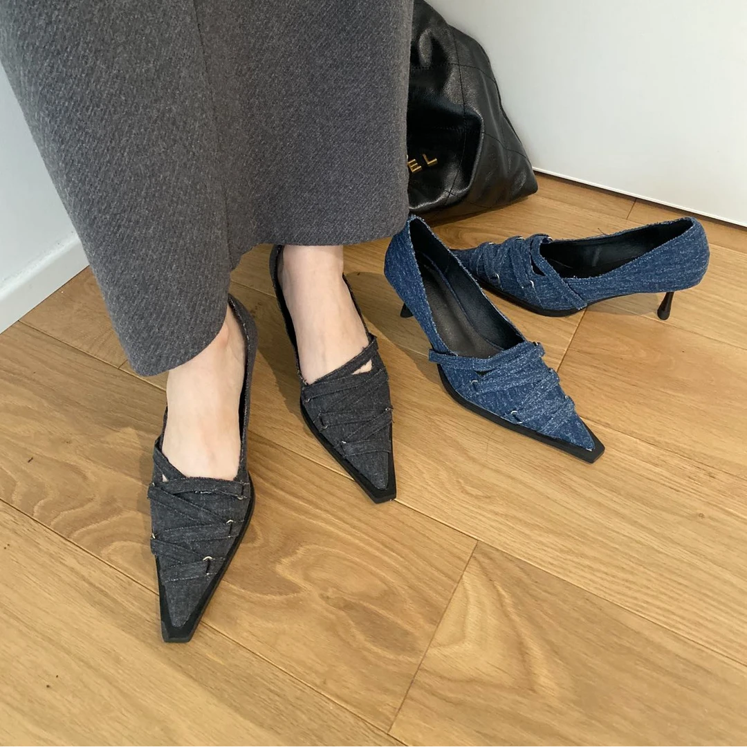 细跟高跟鞋气质防滑网红黑色尖头一脚蹬简约鞋子细跟高跟鞋