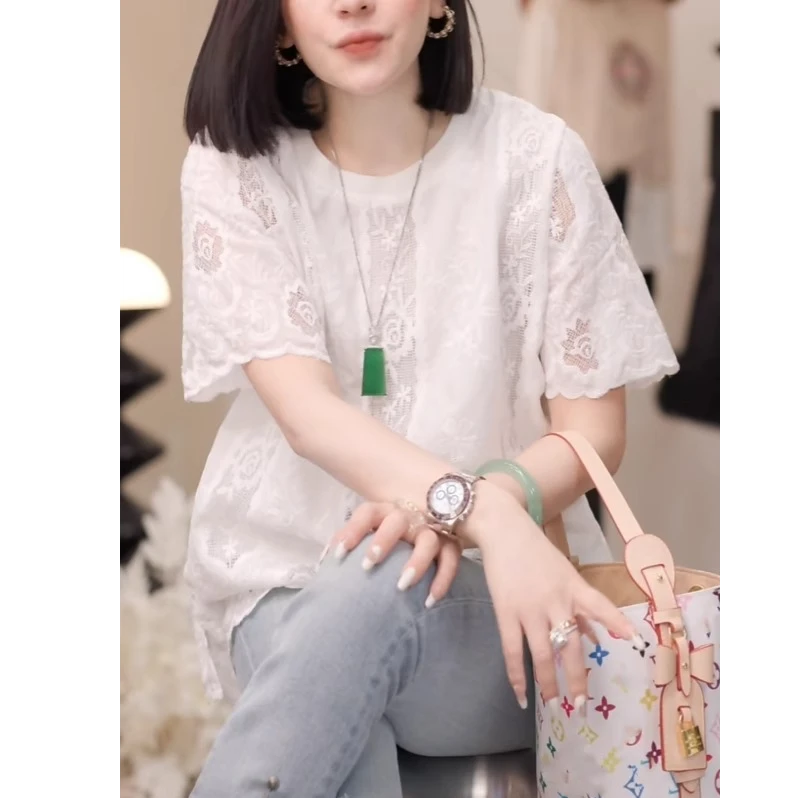 设计感气质短袖t恤女夏季2025新款时尚减龄蕾丝镂空刺绣韩系上衣