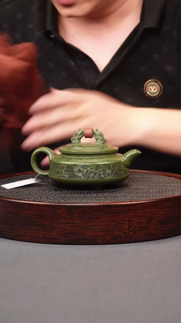 茶壶紫砂绿泥双龙戏珠周盘