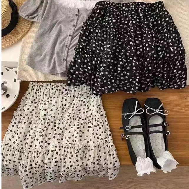 墨写木耳边拼接碎花蛋糕短裙女A字小个子甜美垂感半身裙子