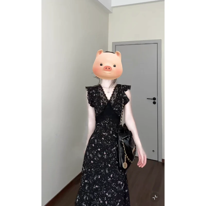 大码【优雅小性感】夏季V领碎花连衣裙法式高货蕾丝拼接显瘦长裙子