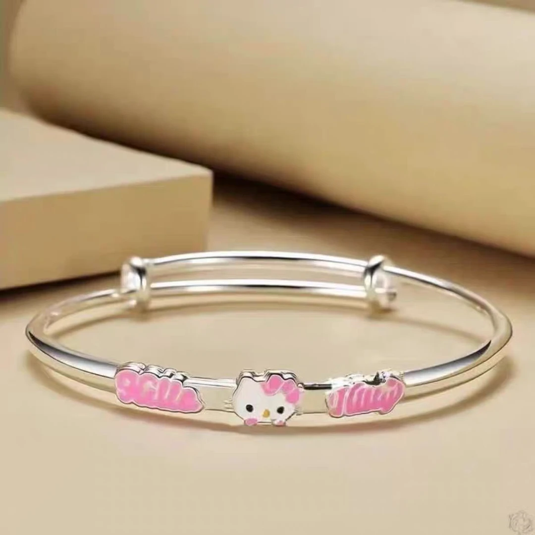足银手镯 hello，kittt足银999.9手镯推拉镯小猫咪甜美可爱