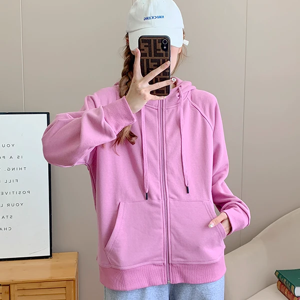 【瑕疵品no退no换】【3128#】秋季纯色百搭连帽女款开衫拉链卫衣外套