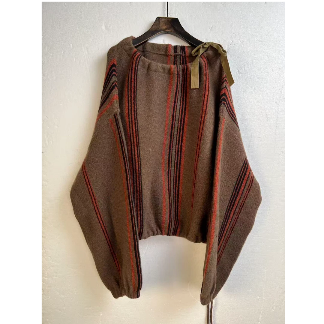 设计感抽绳条纹毛衣024复