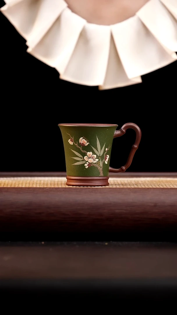 茶杯紫砂墨绿泥粉浆带把杯