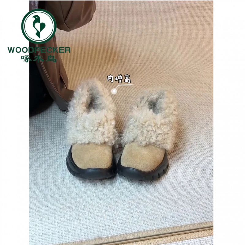 啄木鸟内增高复古加绒厚底毛毛鞋女2025新款冬季小个子韩版乐福鞋